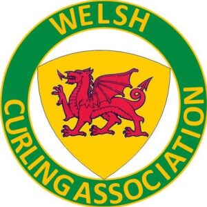 Welsh Curling Assocation logo, a red dragon on a yellow triangle currounded by a green circle