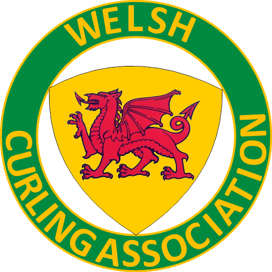 Welsh Curling Assocation logo, a red dragon on a yellow triangle currounded by a green circle